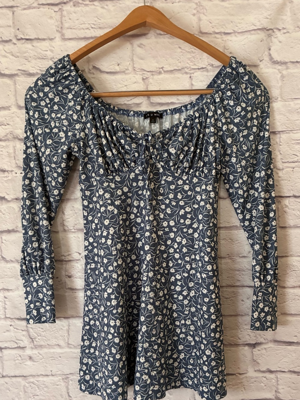 AS U WISH Blue Floral Off-Shoulder Cottagecore Long Sleeve Dress - Small